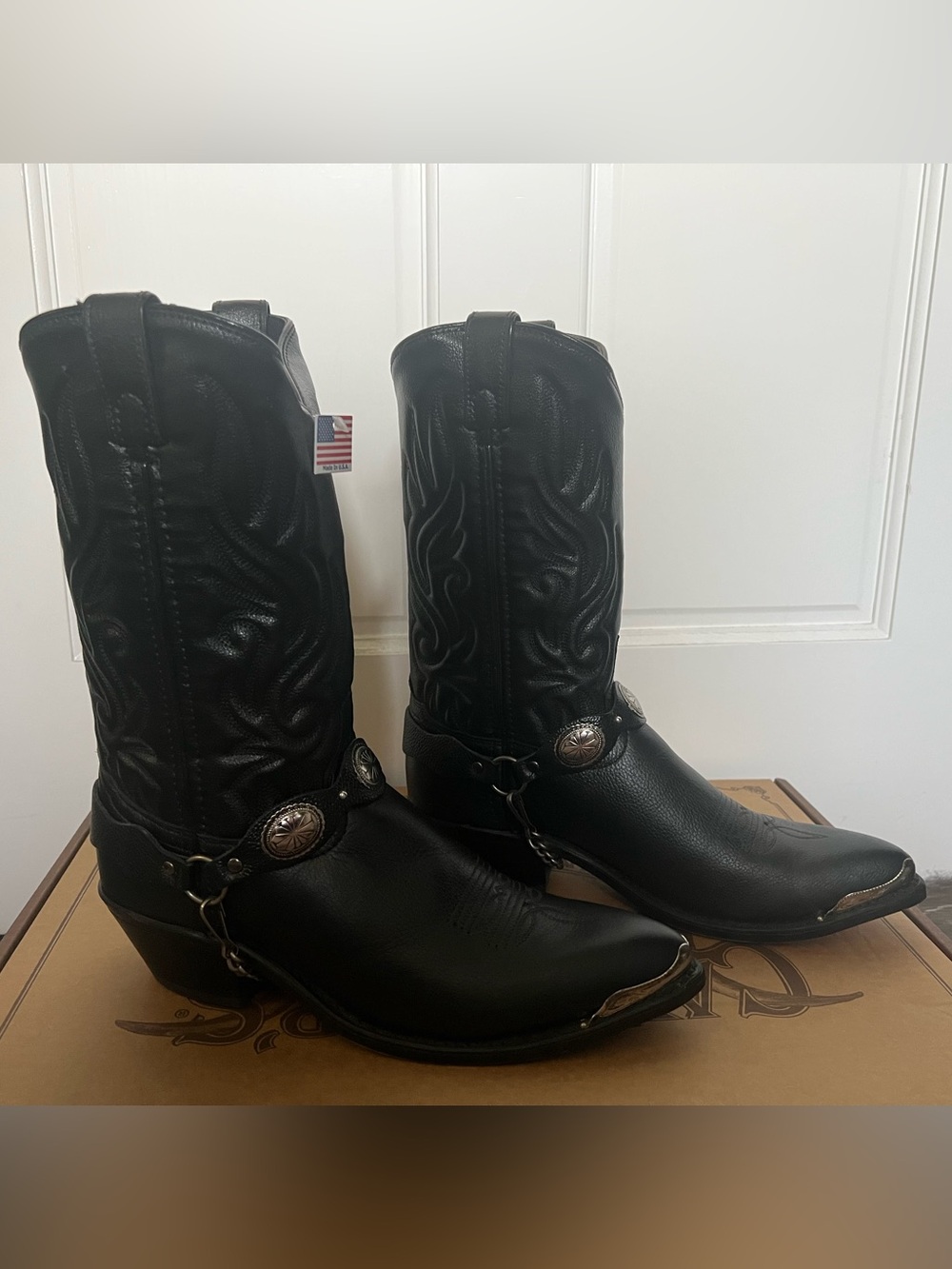 Women’s Black Leather Cowboy Boots with Harness Accent - BRAND NEW